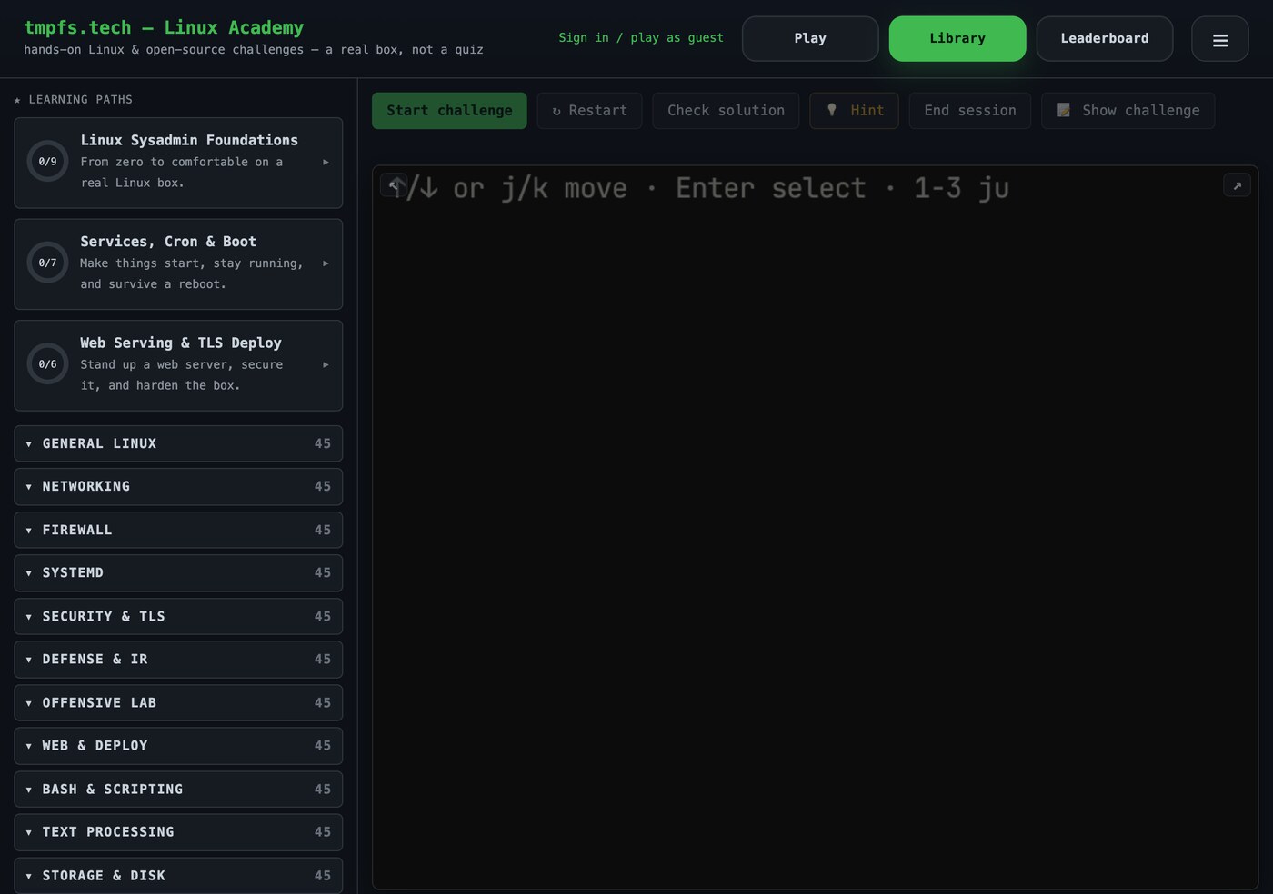 The tmpfs.tech challenge library showing skill tracks including the new DevOps and Performance tracks