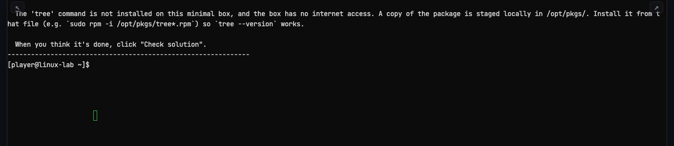 A live Linux terminal on tmpfs.tech showing a real challenge brief and a player@linux-lab shell prompt